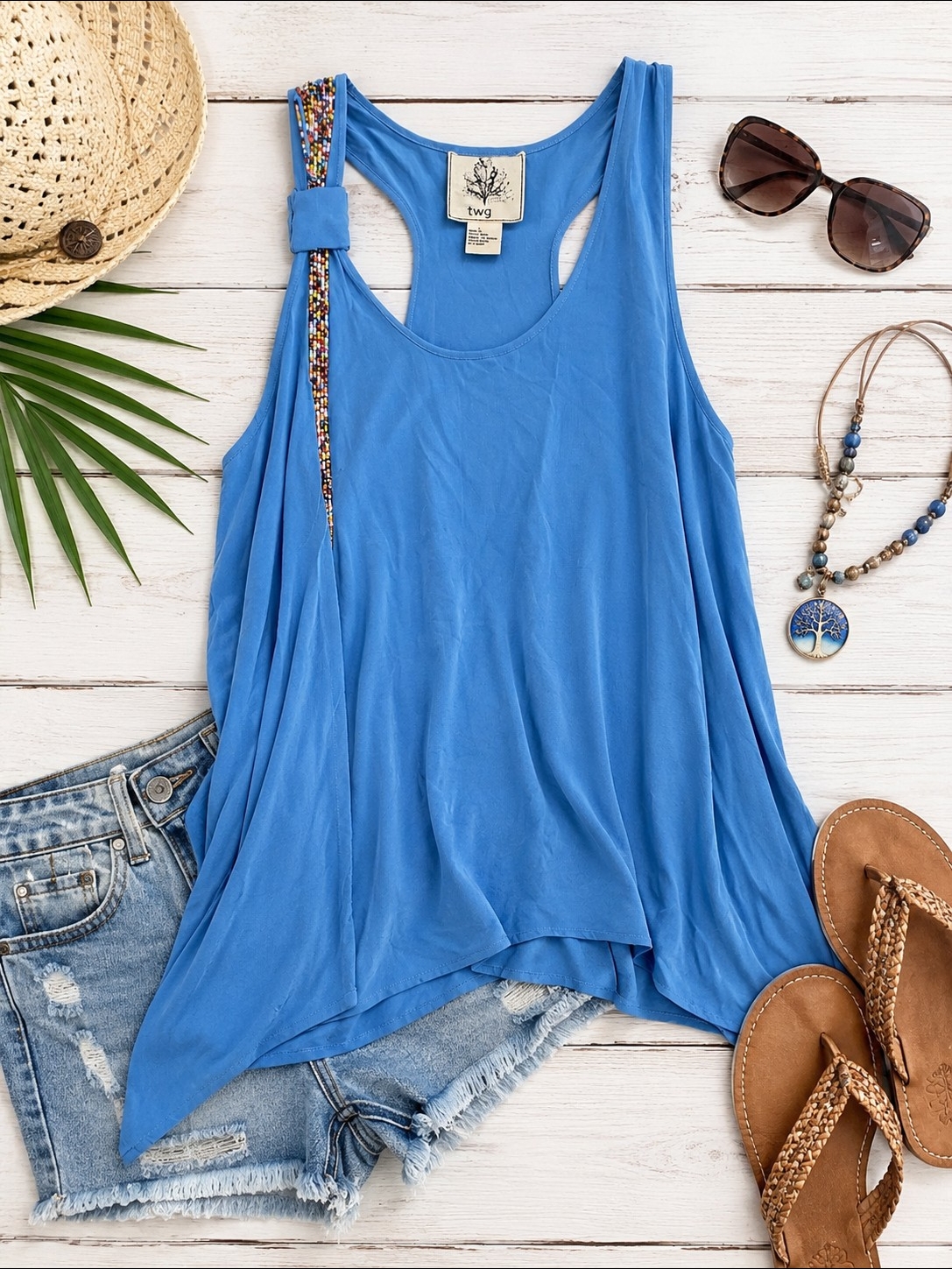 Twg Blue Silk Beaded Strap Tunic Tank Top Size Large Boho Resort Wear